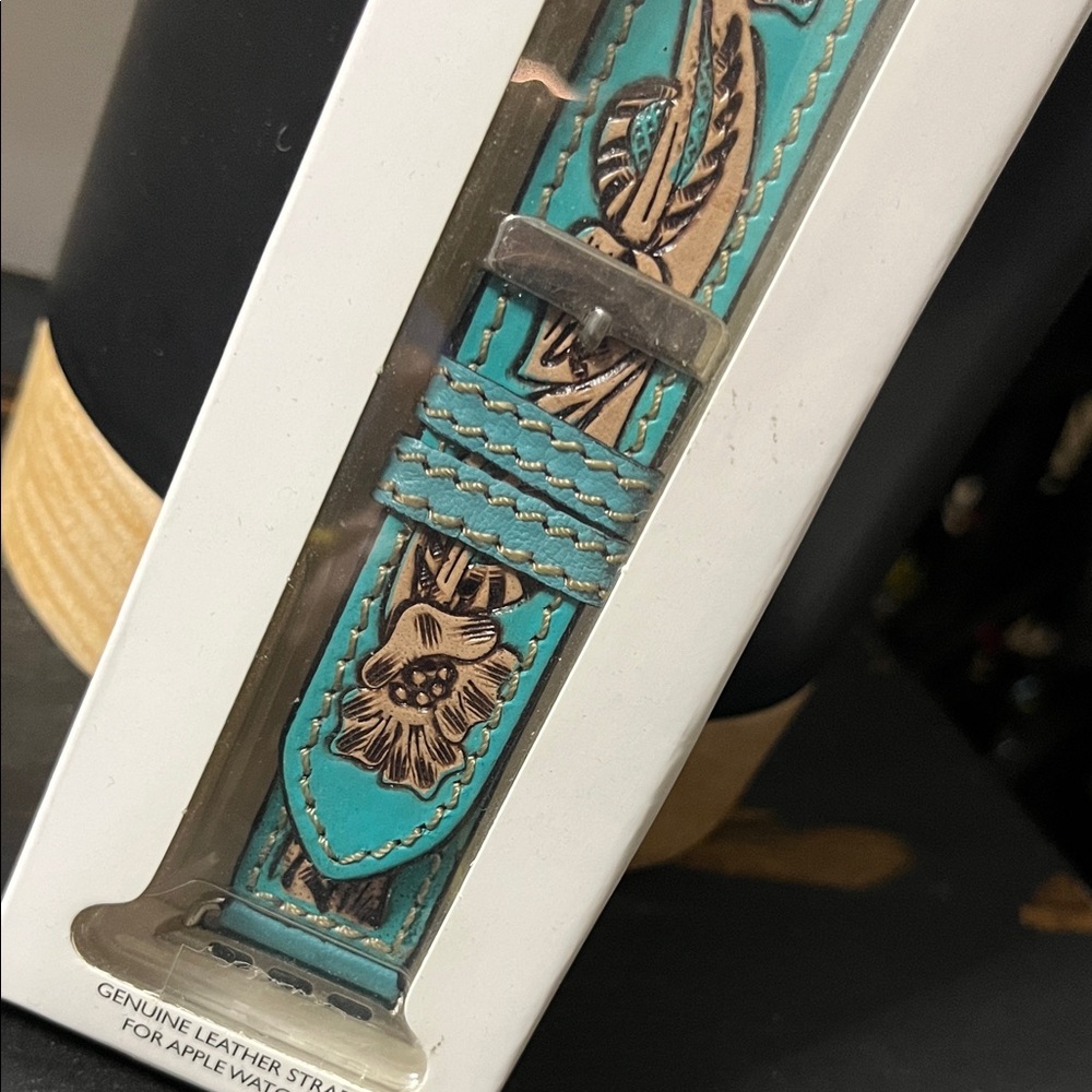 Myra Bag Turquoise and Brown Leather iPhone Watch Band - Picture 2 of 4